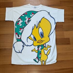 Vintage 1994 Looney Tunes Tweety Bird Sylvester Christmas Mega Print Shirt Sz XL